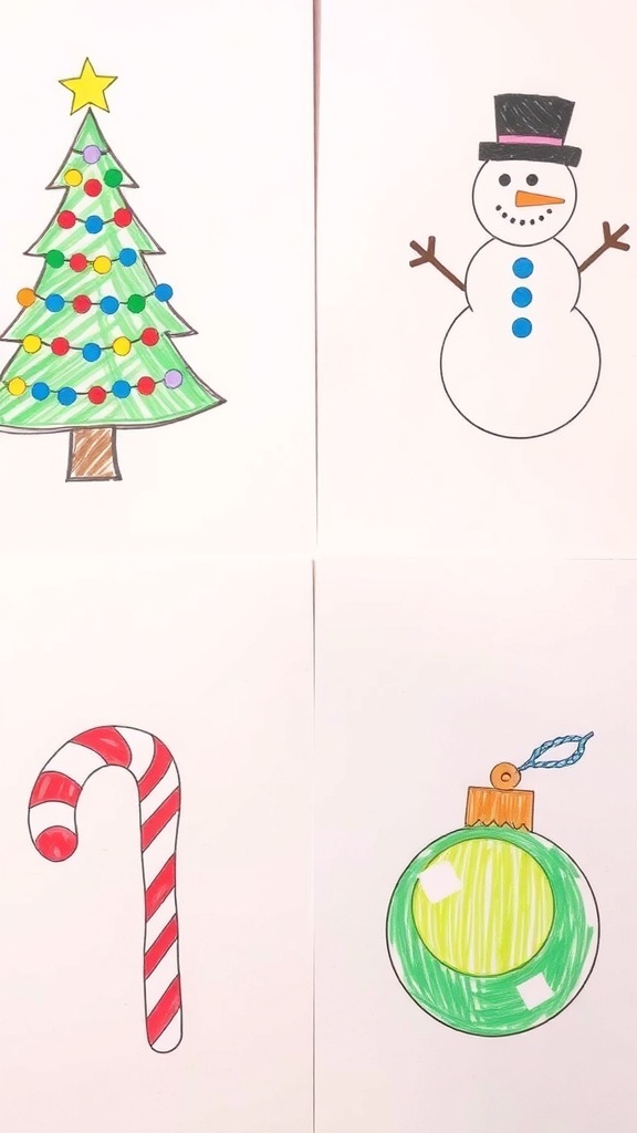 Simple Christmas drawings of a tree, snowman, candy cane, and ornament.